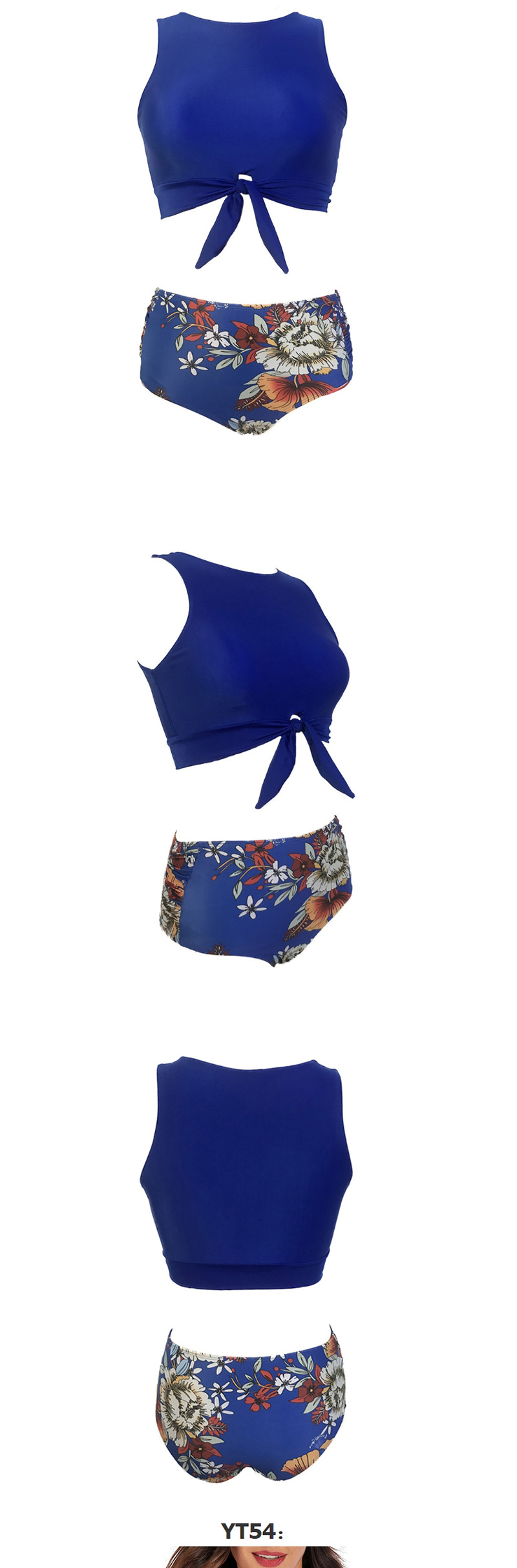 Fashion Blue High Neck Knotted Printed High Waist Split Swimsuit,Bikini Sets