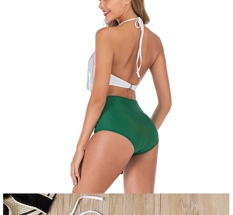 Fashion White + Green Fringed Fold High Waist Split Swimsuit,Bikini Sets