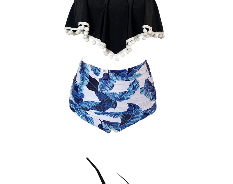 Fashion Black + Blue Hair Ball Ruffled Printed High Waist Split Swimsuit,Swimwear Sets