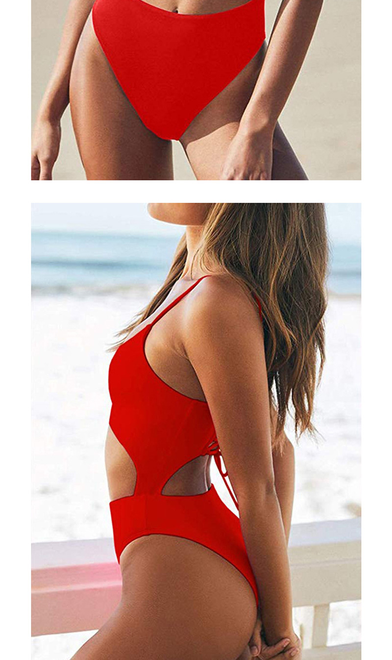 Fashion Red Open Back Strap Bandage One-piece Swimsuit,One Pieces