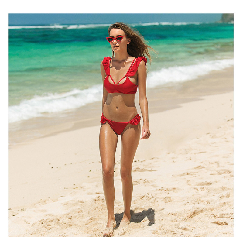 Fashion Red Ruffled Split Swimsuit,Bikini Sets