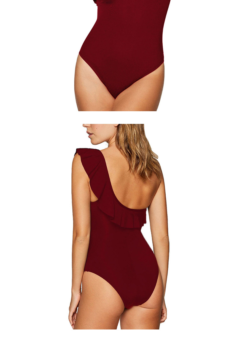 Fashion Red Wine One-shoulder Ruffled One-piece Swimsuit,One Pieces