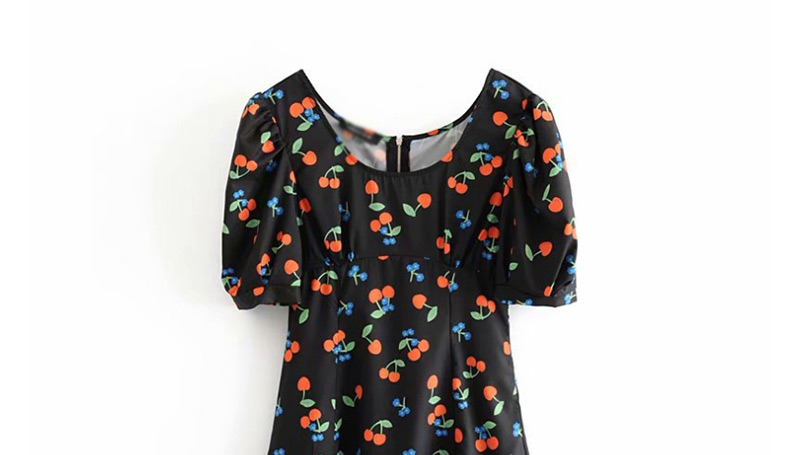 Fashion Black Cherry Print Square Puff Sleeve Dress,Mini & Short Dresses