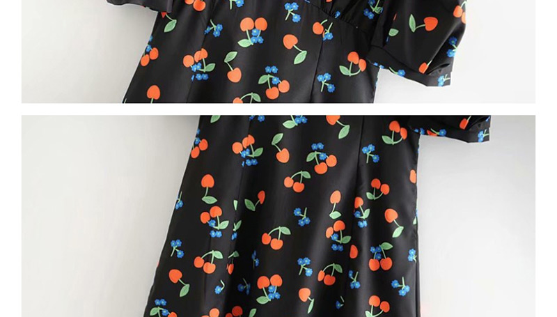 Fashion Black Cherry Print Square Puff Sleeve Dress,Mini & Short Dresses