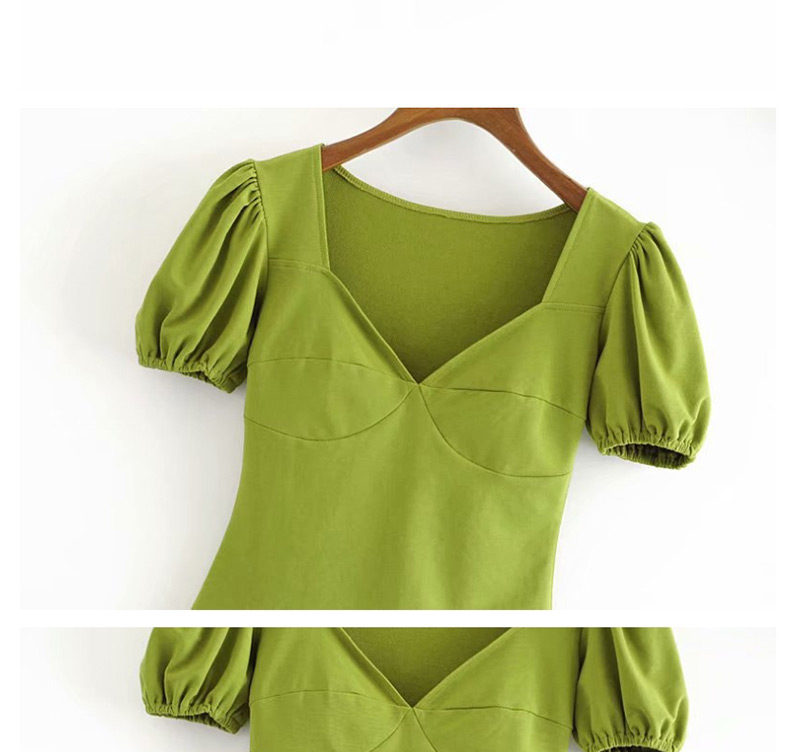 Fashion Mustard Green V-neck Puff Sleeve Short-sleeved T-shirt,Tank Tops & Camis