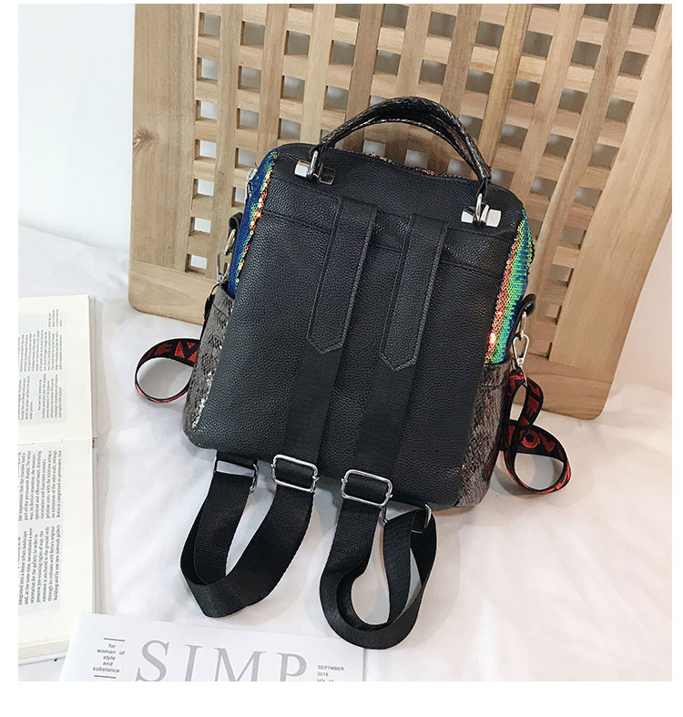 Fashion Black Sequined Contrast Double Belt Shoulder Bag,Backpack