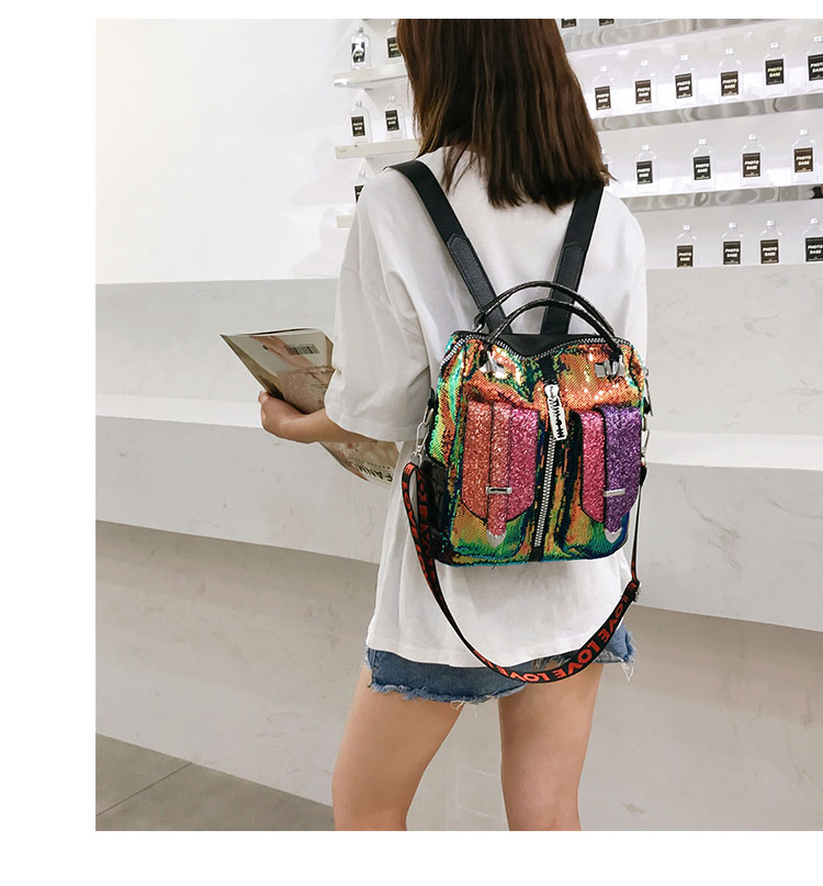 Fashion Green Sequined Contrast Double Belt Shoulder Bag,Backpack