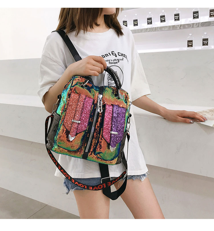Fashion Black Sequined Contrast Double Belt Shoulder Bag,Backpack