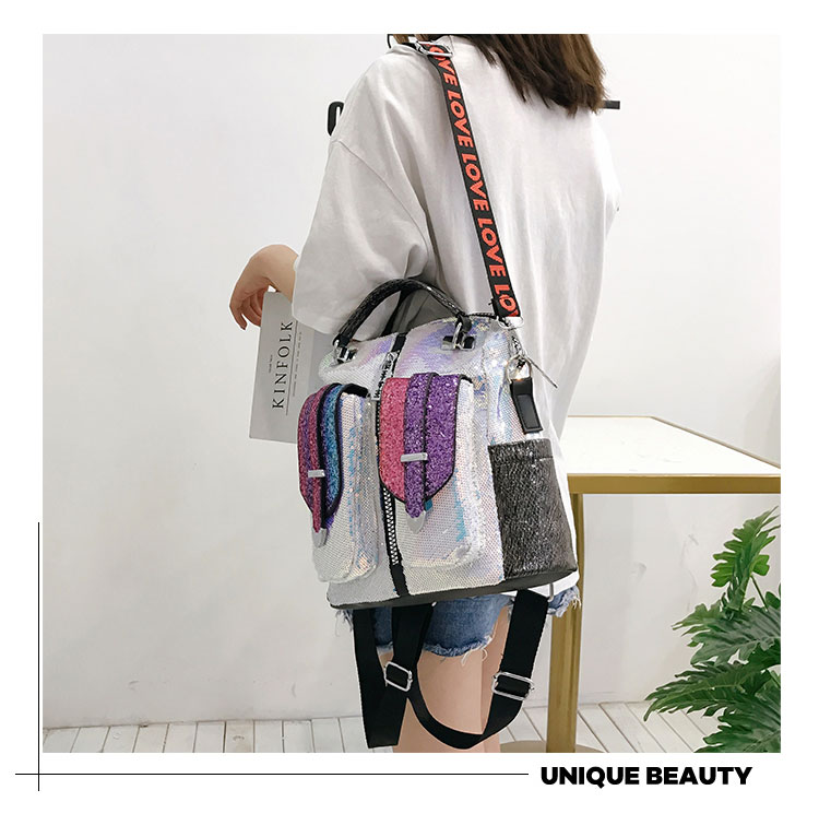Fashion White Sequined Contrast Double Belt Shoulder Bag,Backpack