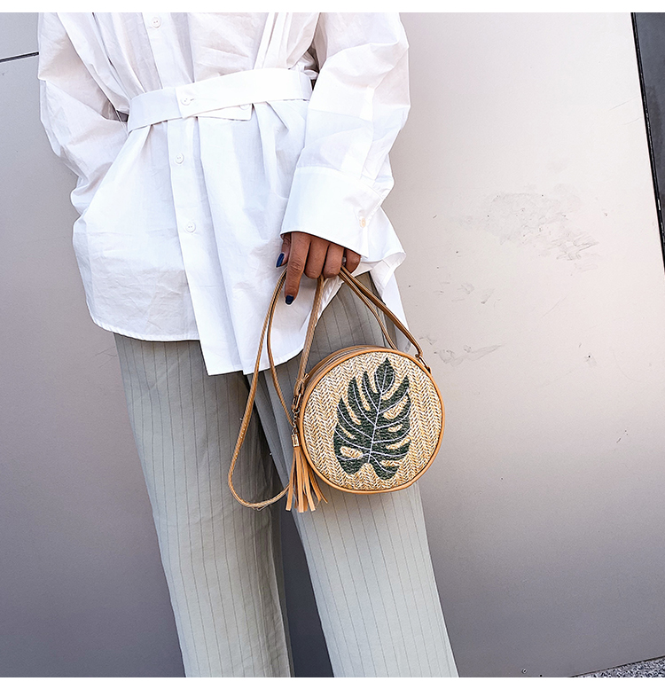 Fashion Yellow Leaves Straw Embroidered Shoulder Bag,Handbags
