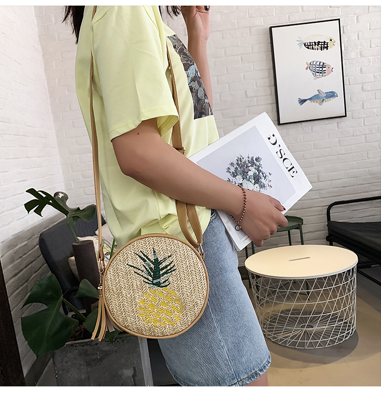 Fashion Pineapple Yellow Straw Embroidered Shoulder Bag,Handbags