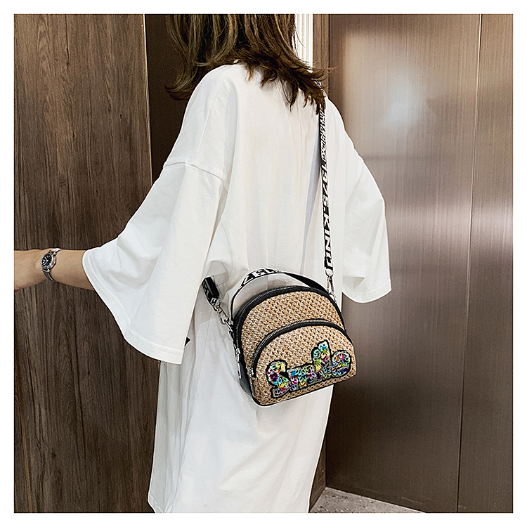 Fashion Yes Khaki Cross-stitched Embroidered Letter Sequin Shoulder Bag,Shoulder bags