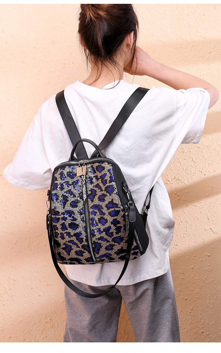 Fashion Blue Leopard Waterproof Sequined Oxford Backpack,Backpack