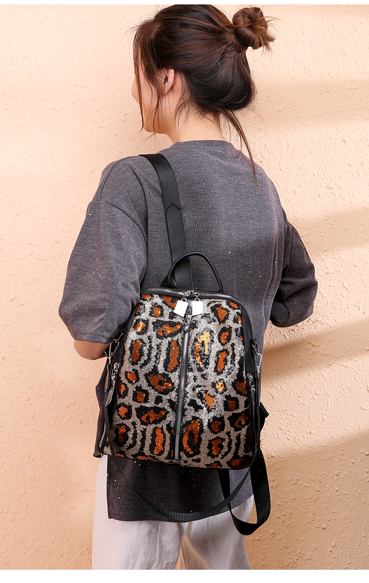 Fashion Gray Leopard Waterproof Sequined Oxford Backpack,Backpack