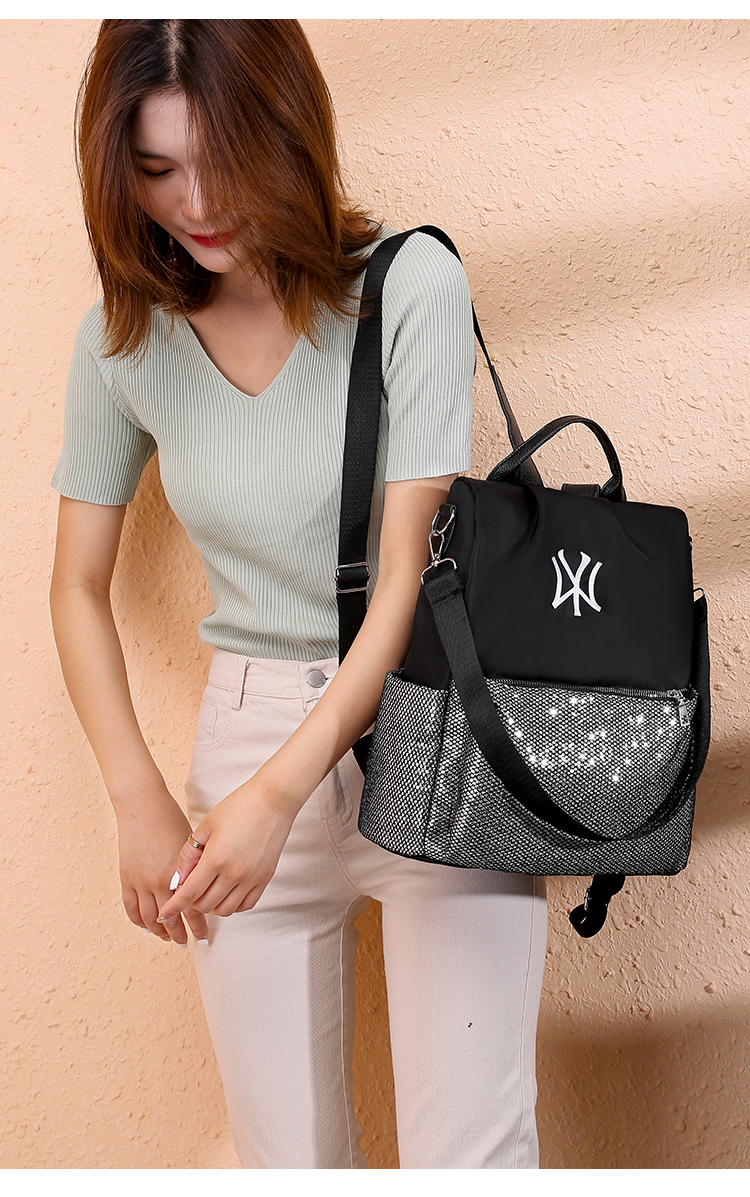 Fashion Black Oxford Cloth Contrast Embroidered Backpack,Backpack