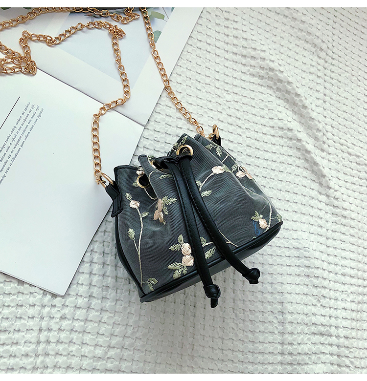 Fashion Black Lace Embroidered Drawstring Shoulder Messenger Bag,Shoulder bags