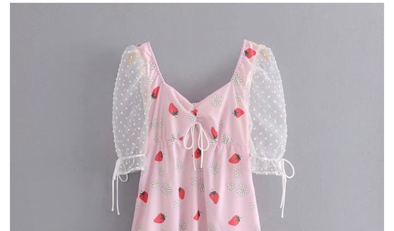 Fashion Pink Strawberry Printed Mesh Stitching Dress,Long Dress