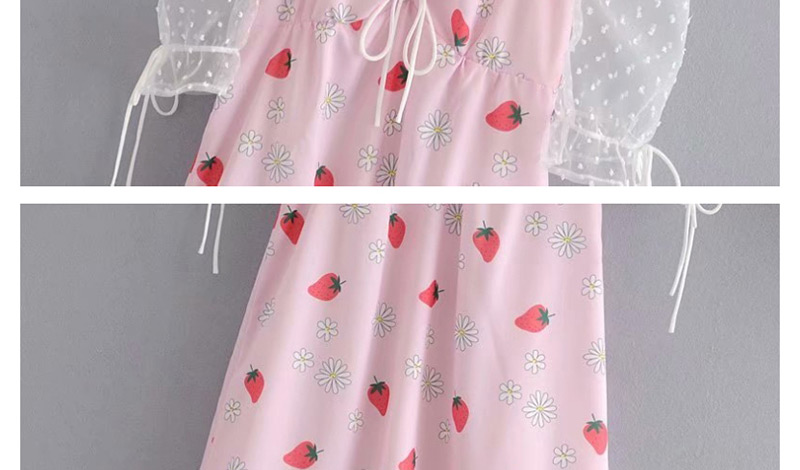 Fashion Pink Strawberry Printed Mesh Stitching Dress,Long Dress