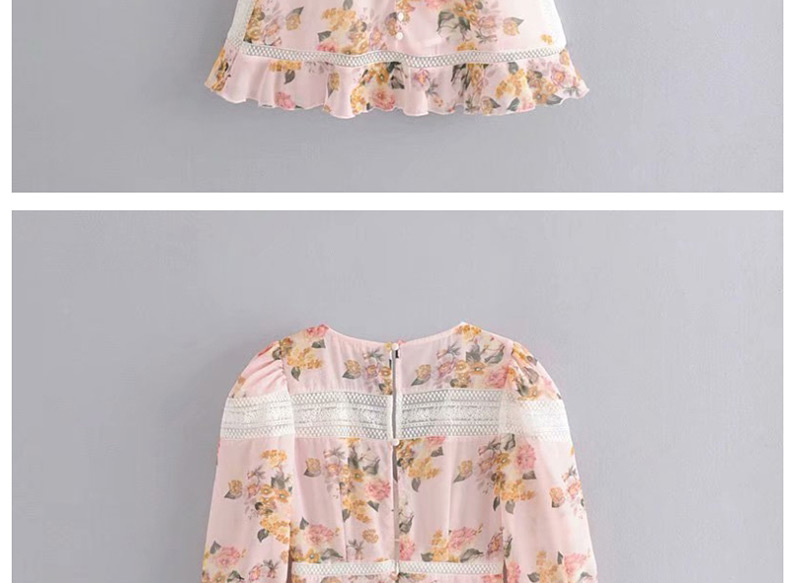Fashion Light Pink Mesh Stitching Flower Print V Leader Mouth Lace Dress,Mini & Short Dresses