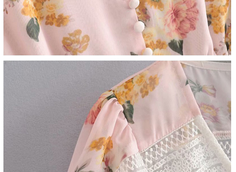 Fashion Light Pink Mesh Stitching Flower Print V Leader Mouth Lace Dress,Mini & Short Dresses