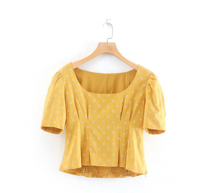 Fashion Yellow Sun Flower Print Short Pullover Shirt,Blouses