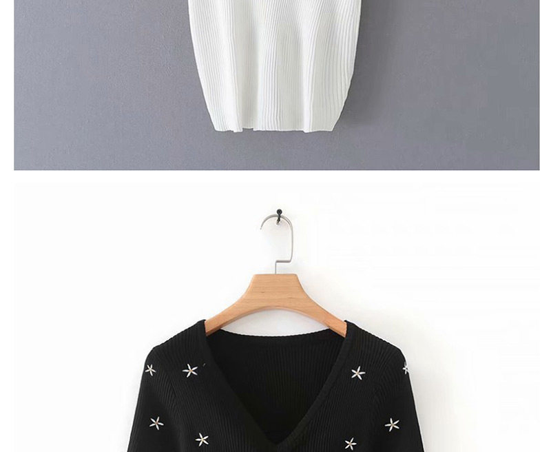 Fashion Black Embroidered V-neck Drawstring T-shirt,Sweater