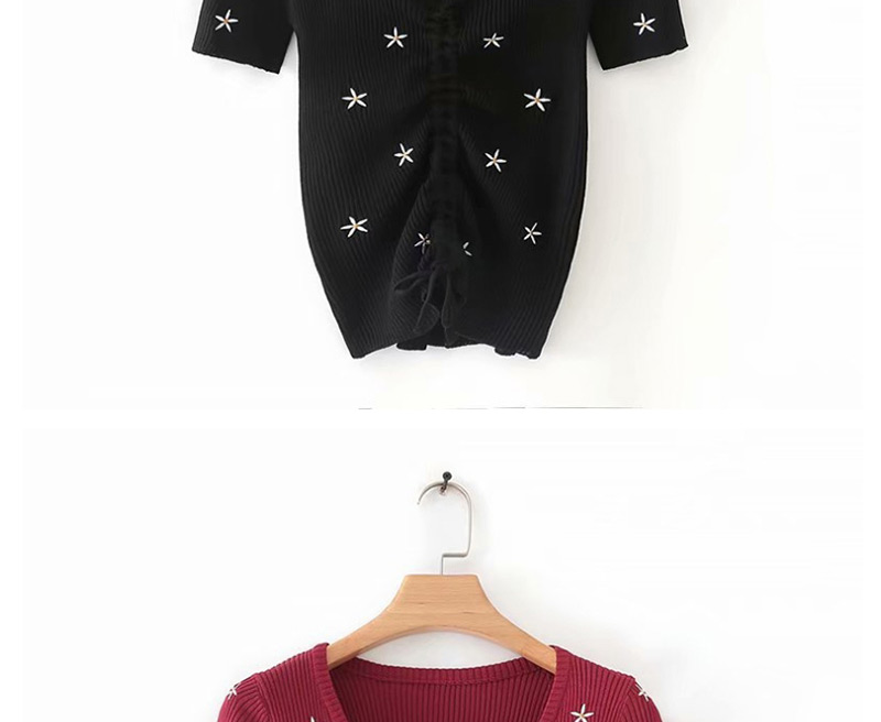 Fashion Black Embroidered V-neck Drawstring T-shirt,Sweater
