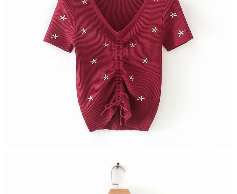 Fashion Red Embroidered V-neck Drawstring T-shirt,Sweater