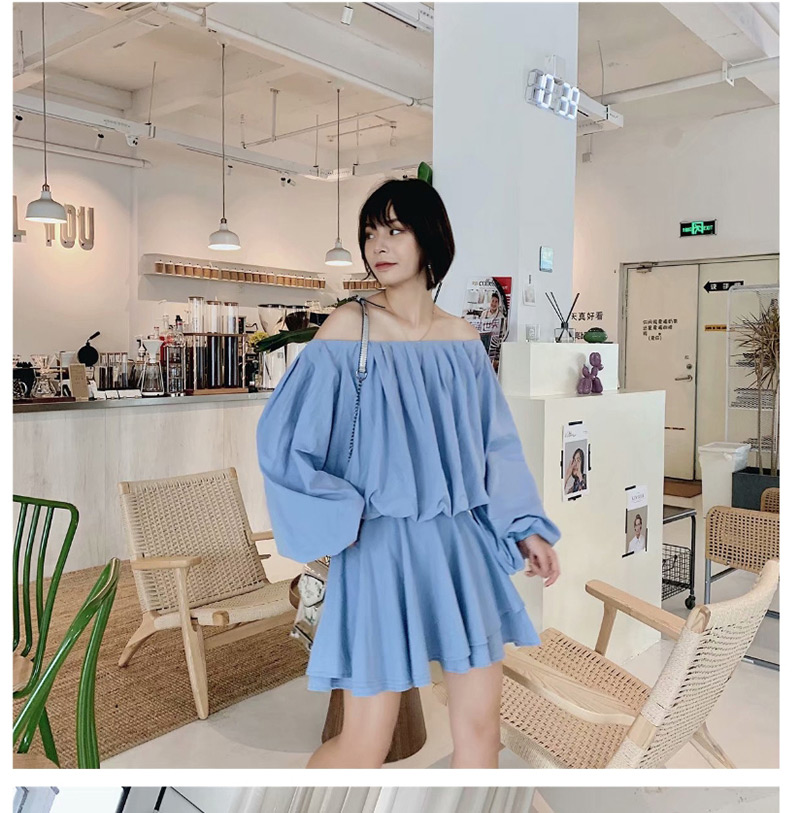 Fashion Blue Lantern Sleeves: One-neck Collar: Pullover Shirt,Blouses