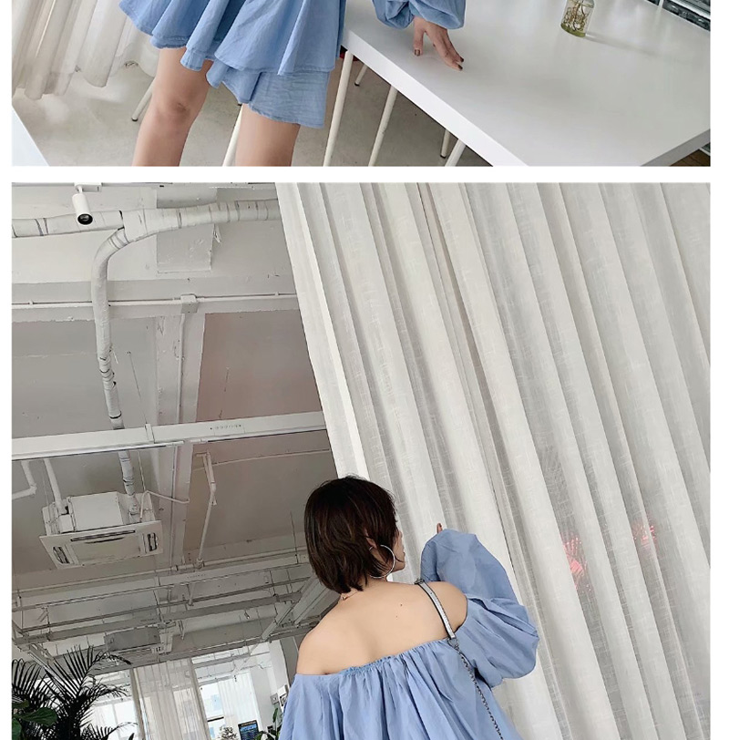 Fashion Blue Lantern Sleeves: One-neck Collar: Pullover Shirt,Blouses