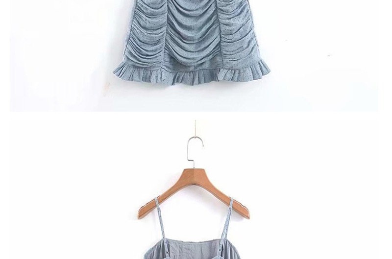 Fashion Gray Blue Dotted Printed Sling Pleated Dress,Mini & Short Dresses