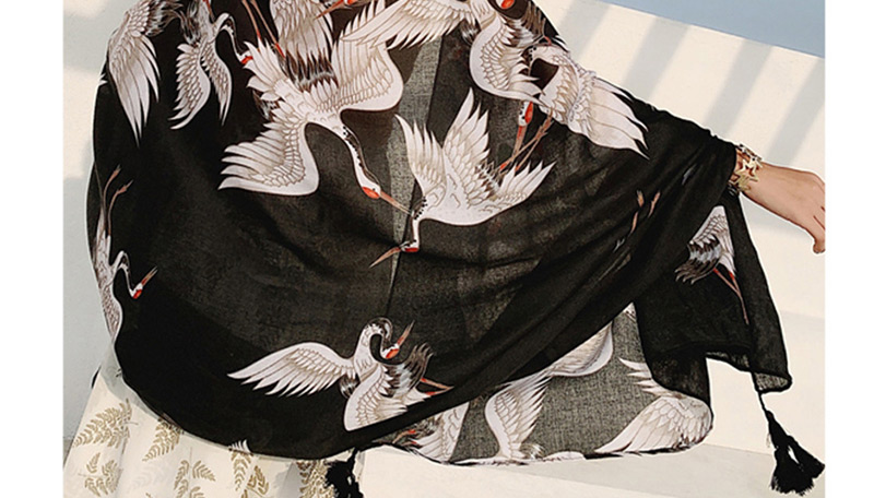Fashion Black Crane Cotton And Linen Printed Scarves,Thin Scaves