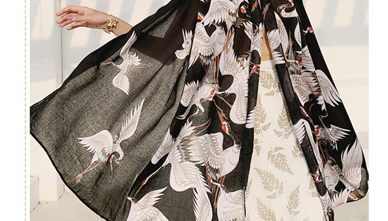 Fashion Black Crane Cotton And Linen Printed Scarves,Thin Scaves