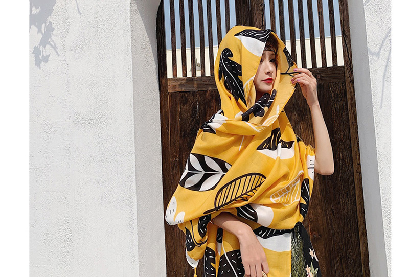 Fashion Yellow Leaves Cotton And Linen Printed Scarves,Thin Scaves