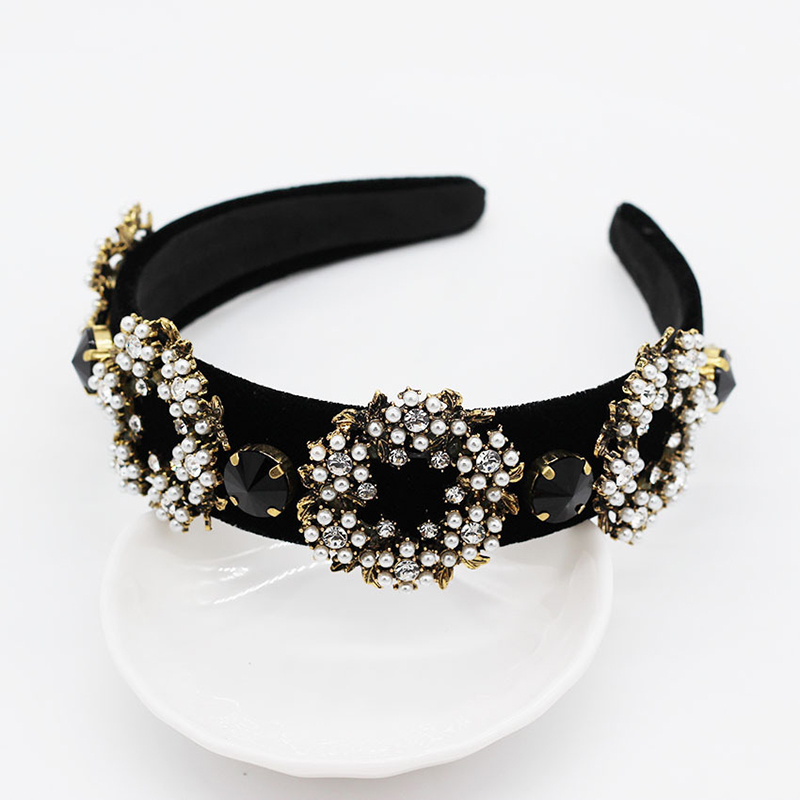 Fashion Black Full Diamond Pearl Circle Geometric Headband,Head Band