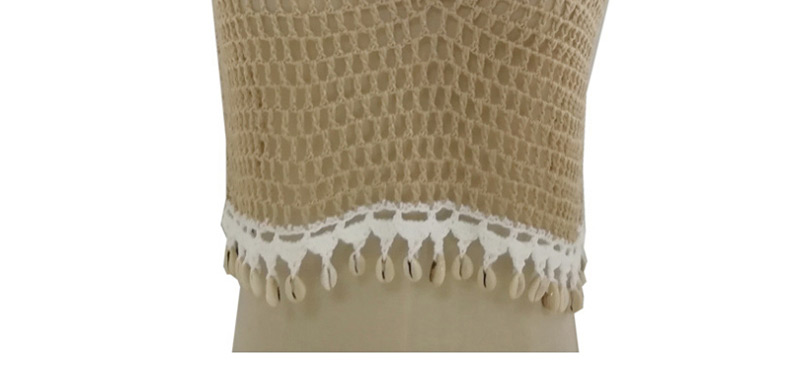 Fashion Beige Knitted Vest Shell Hollow Split Swimsuit,Sunscreen Shirts