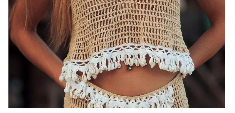 Fashion Beige Knitted Vest Shell Hollow Split Swimsuit,Sunscreen Shirts