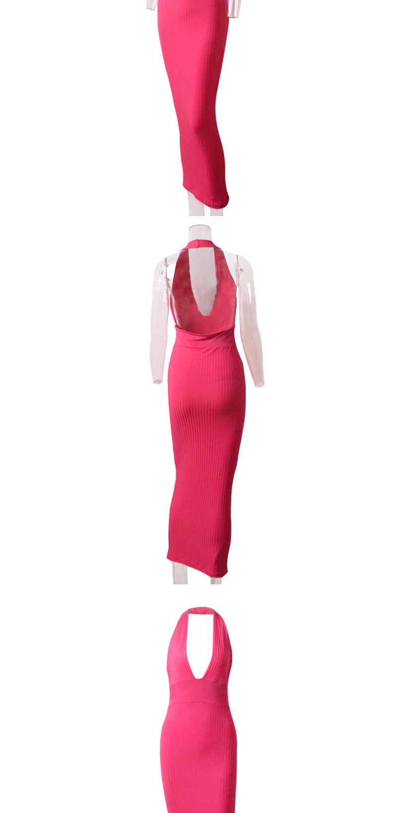 Fashion Rose Red Halter Deep V-neck Halter Openwork Dress,Long Dress