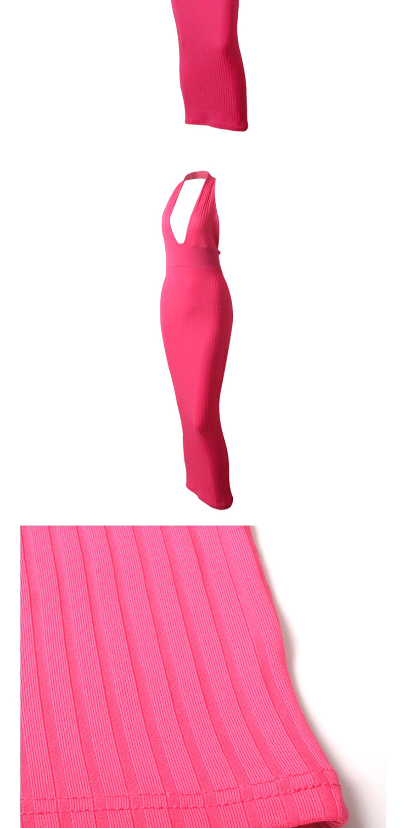 Fashion Rose Red Halter Deep V-neck Halter Openwork Dress,Long Dress