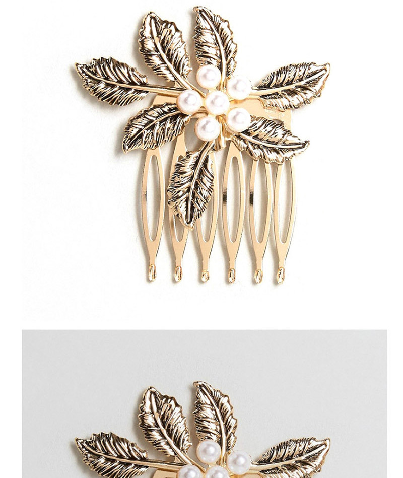 Fashion Gold Diamond Leaf Pearl Hair Comb,Hairpins
