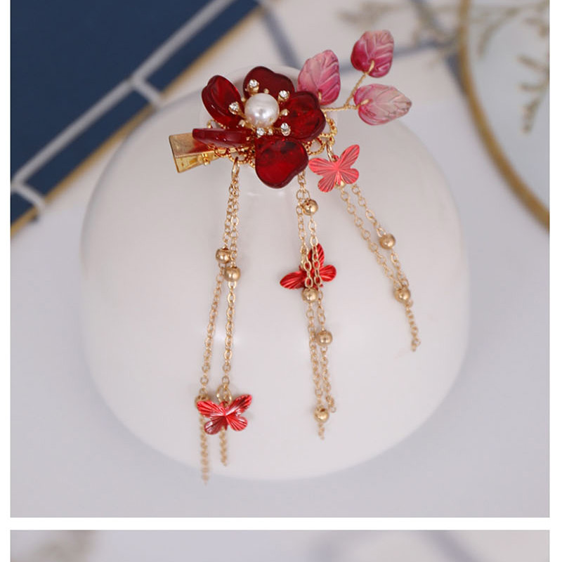 Fashion Red Flower Butterfly Crystal Tassel Hair Clip,Hairpins
