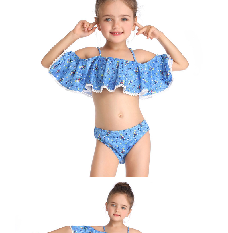 Fashion Blue One-shouldered Ruffled Child Split Swimsuit,Kids Swimwear