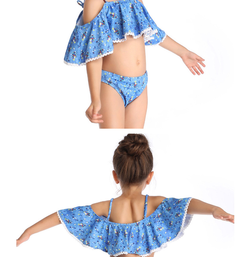Fashion Blue One-shouldered Ruffled Child Split Swimsuit,Kids Swimwear