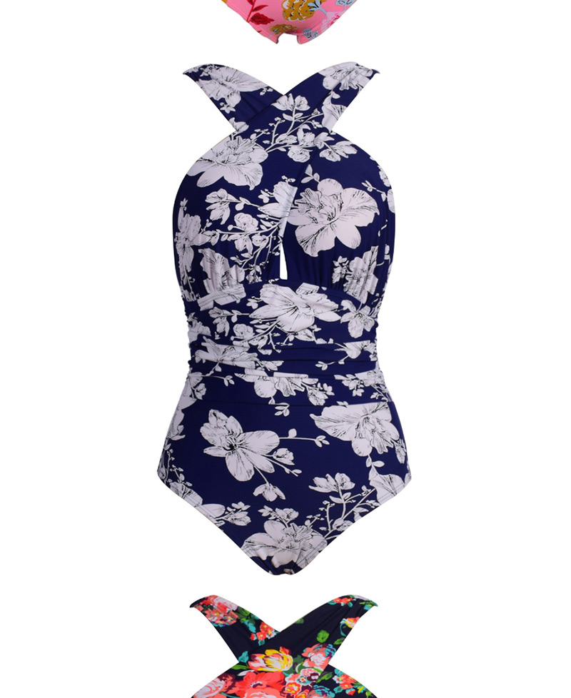 Fashion Blue Bottom Leaf Print Crossover Swimsuit,One Pieces