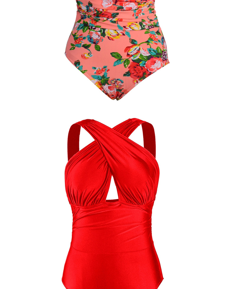 Fashion Orange Print Crossover Swimsuit,One Pieces
