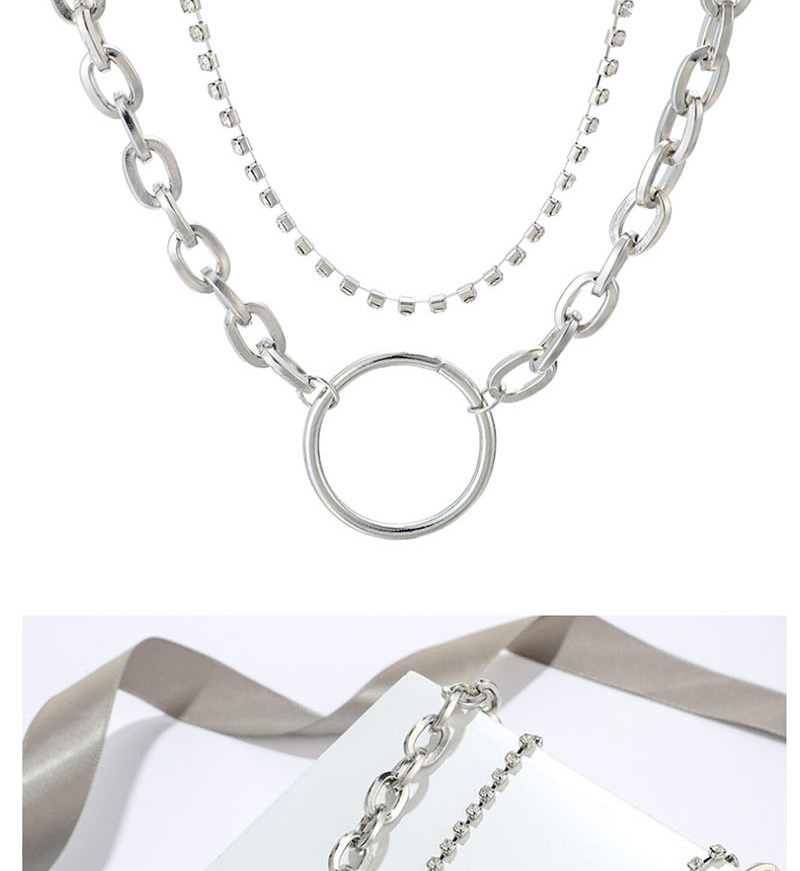 Fashion Silver Chain Square Diamond Large Circle Multilayer Alloy Necklace,Multi Strand Necklaces