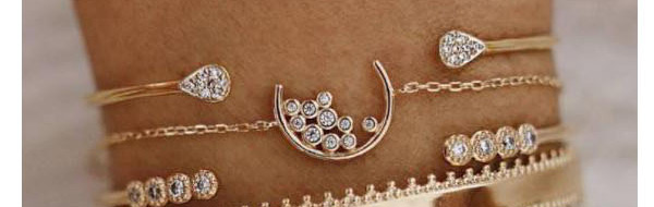 Fashion Gold Chain With Diamond Drop Moon Open Bracelet 4 Piece Set,Fashion Bracelets