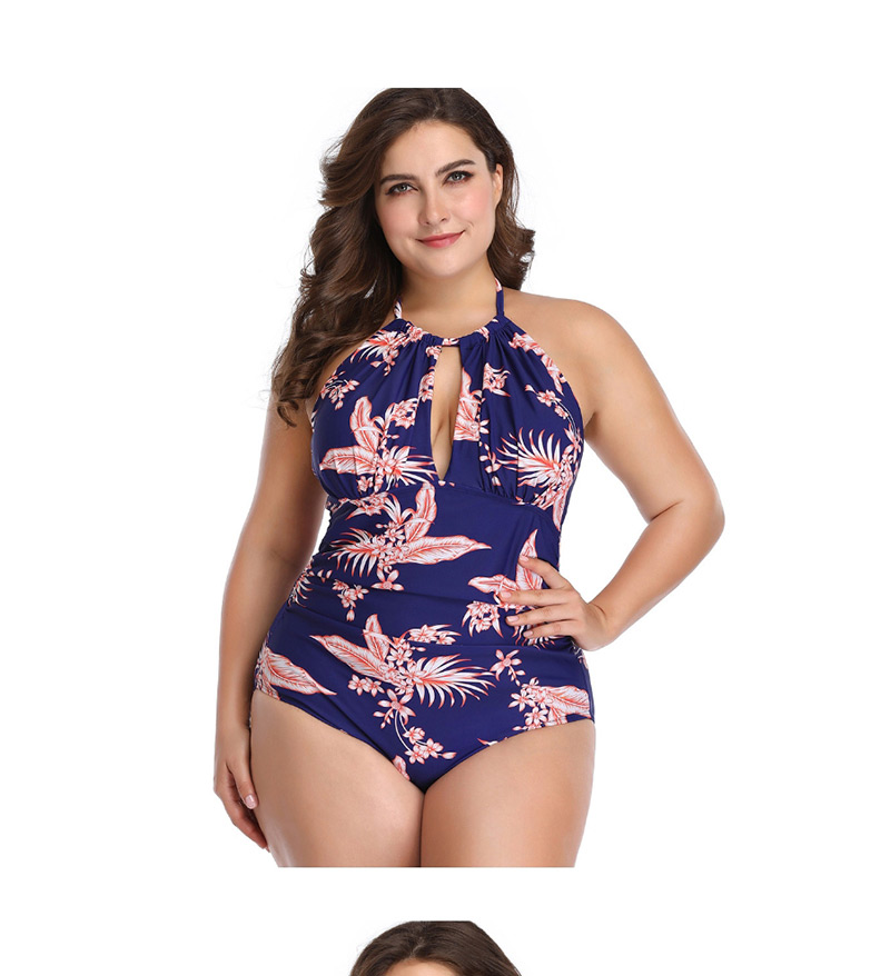Fashion Blue Print Printed Triangle Pleated Fat One-piece Swimsuit,One Pieces