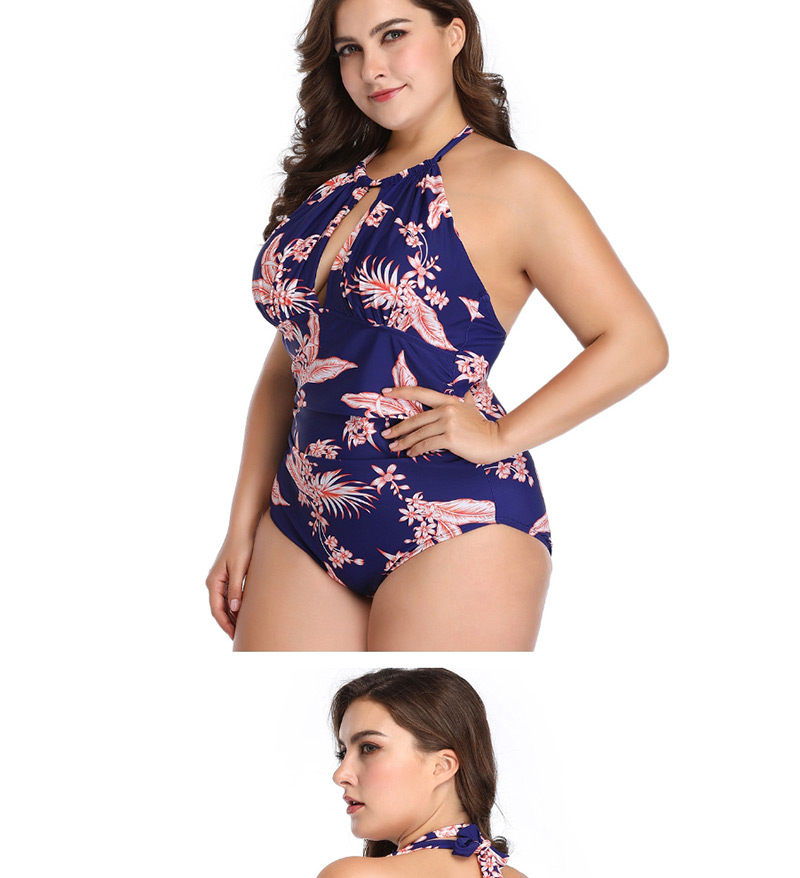 Fashion Purple Printed Triangle Pleated Fat One-piece Swimsuit,One Pieces