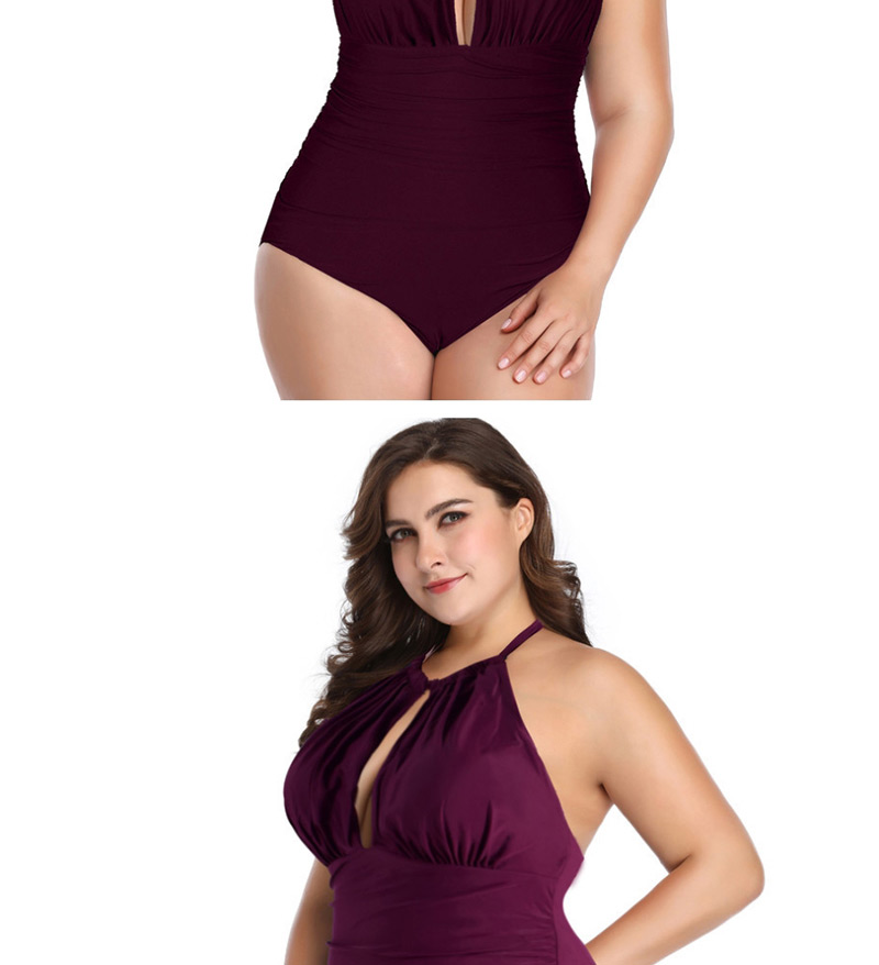 Fashion Purple Printed Triangle Pleated Fat One-piece Swimsuit,One Pieces